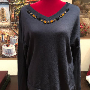 Navy Rich  Color Bejeweled v-neck sweater